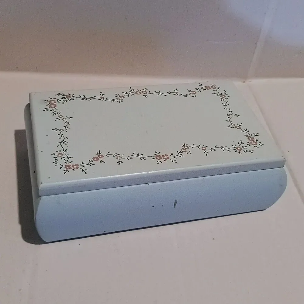 Vintage Hand Painted Wooden Jewelry Box-Floral Design-Mirror-Felt Lined-Cottage